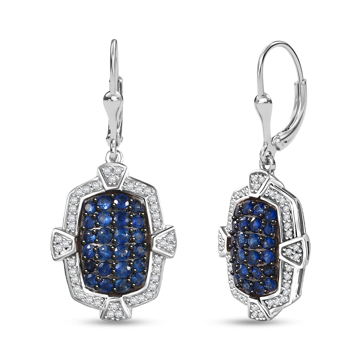 D'Joy Premium Ceylon Blue Sapphire and White Zircon 2.40 ctw Art Deco Earrings in Rhodium Over Sterling Silver  image number 0