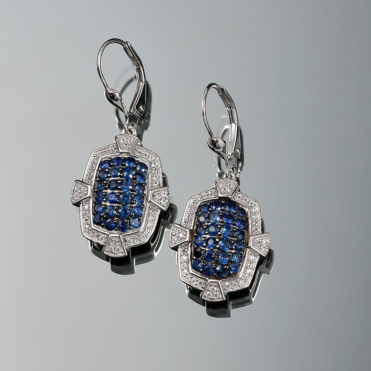 D'Joy Premium Ceylon Blue Sapphire and White Zircon 2.40 ctw Art Deco Earrings in Rhodium Over Sterling Silver  image number 1