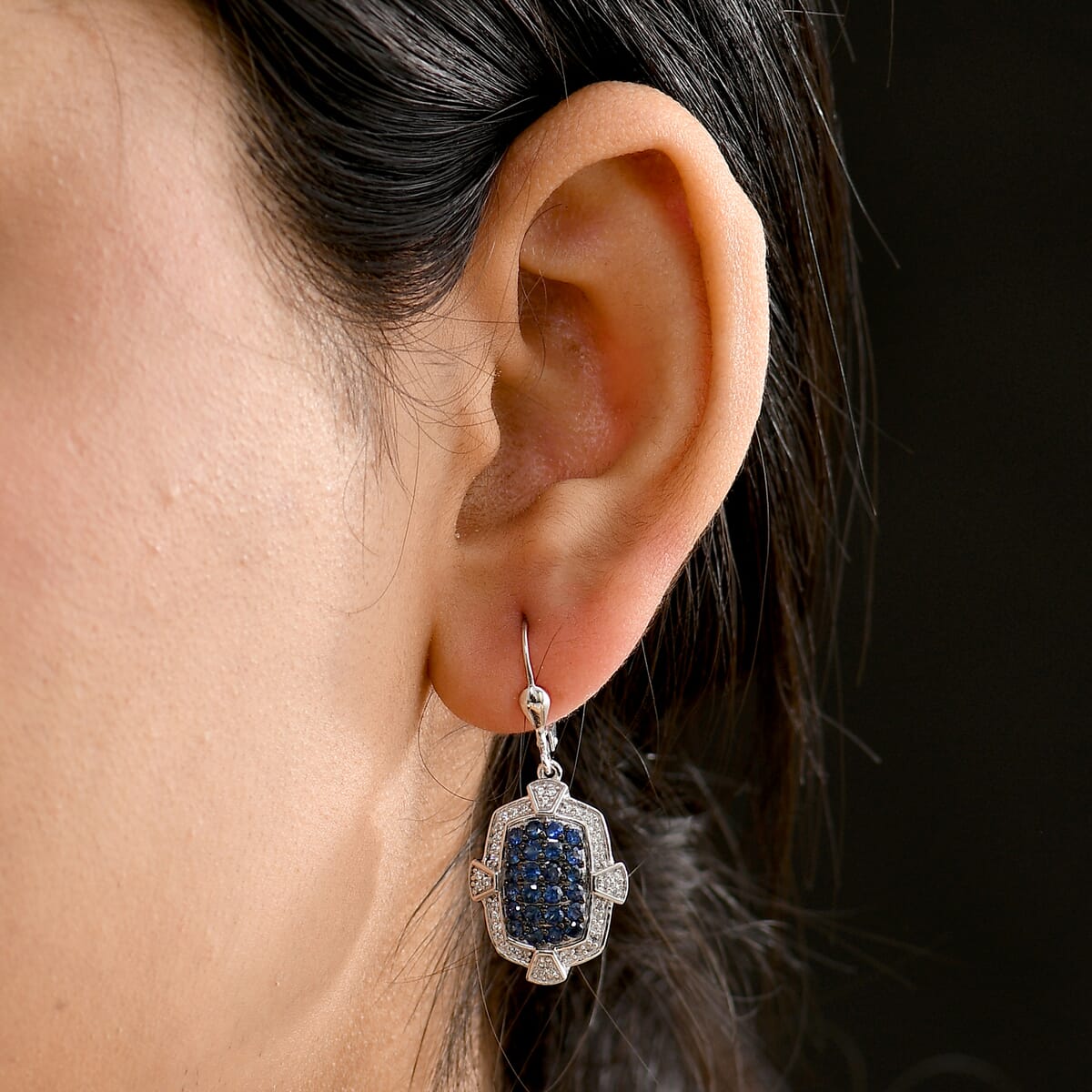 D'Joy Premium Ceylon Blue Sapphire and White Zircon 2.40 ctw Art Deco Earrings in Rhodium Over Sterling Silver  image number 2