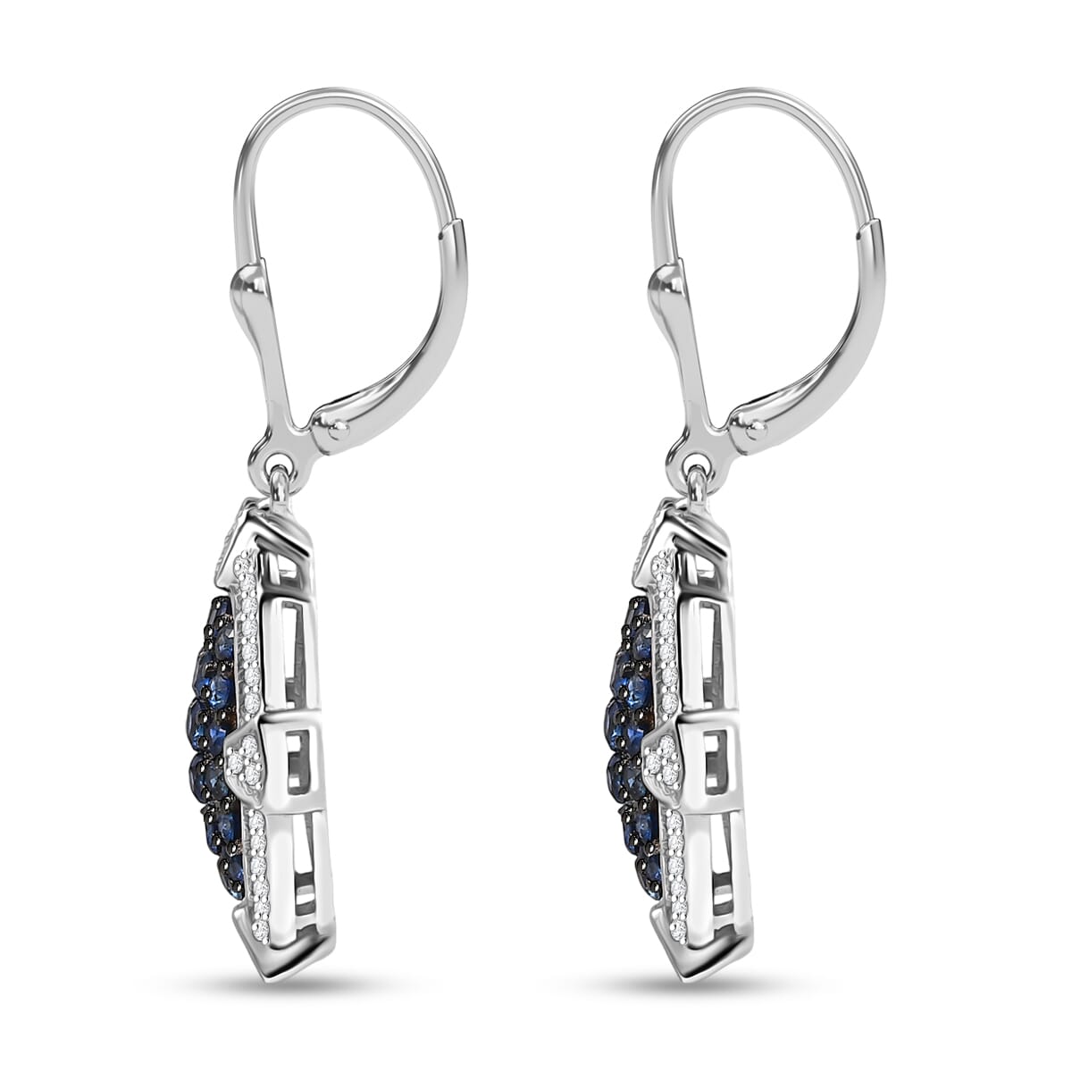 D'Joy Premium Ceylon Blue Sapphire and White Zircon 2.40 ctw Art Deco Earrings in Rhodium Over Sterling Silver  image number 3