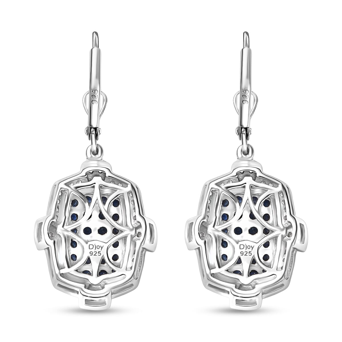 D'Joy Premium Ceylon Blue Sapphire and White Zircon 2.40 ctw Art Deco Earrings in Rhodium Over Sterling Silver  image number 4