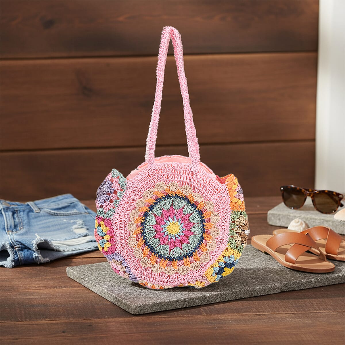 Pink Woven Bohemian Circle Pattern Paper Straw Tote Bag image number 1