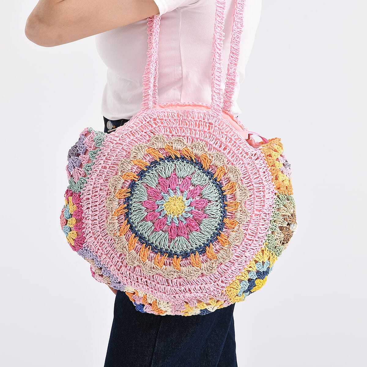 Pink Woven Bohemian Circle Pattern Paper Straw Tote Bag image number 3