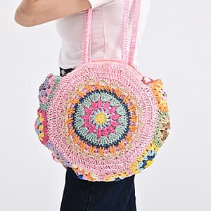 Pink Woven Bohemian Circle Pattern Paper Straw Tote Bag