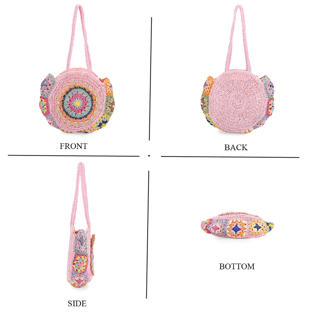 Pink Woven Bohemian Circle Pattern Paper Straw Tote Bag image number 4