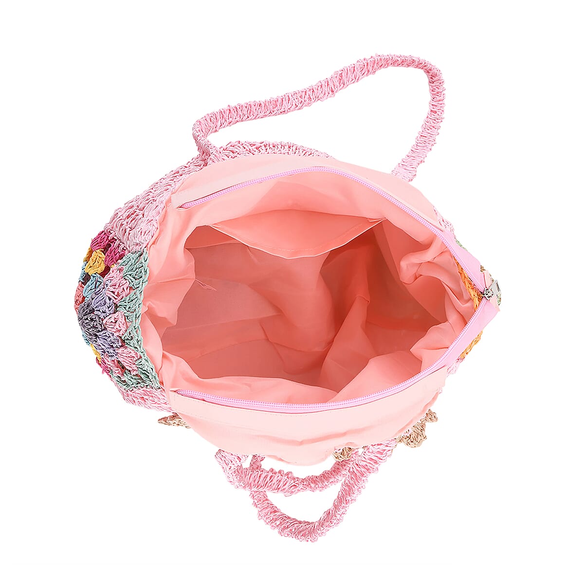 Pink Woven Bohemian Circle Pattern Paper Straw Tote Bag image number 5