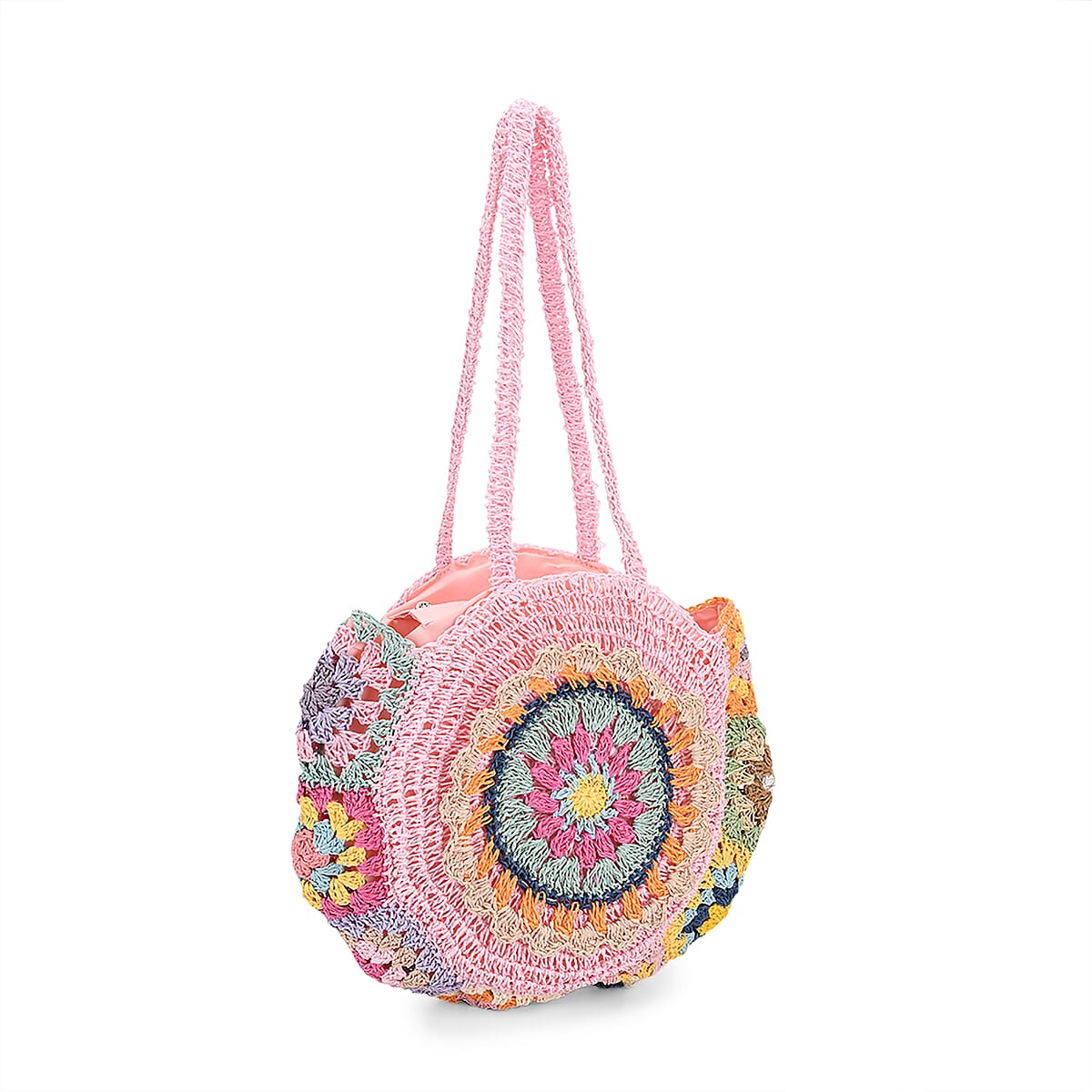 Pink Woven Bohemian Circle Pattern Paper Straw Tote Bag image number 7