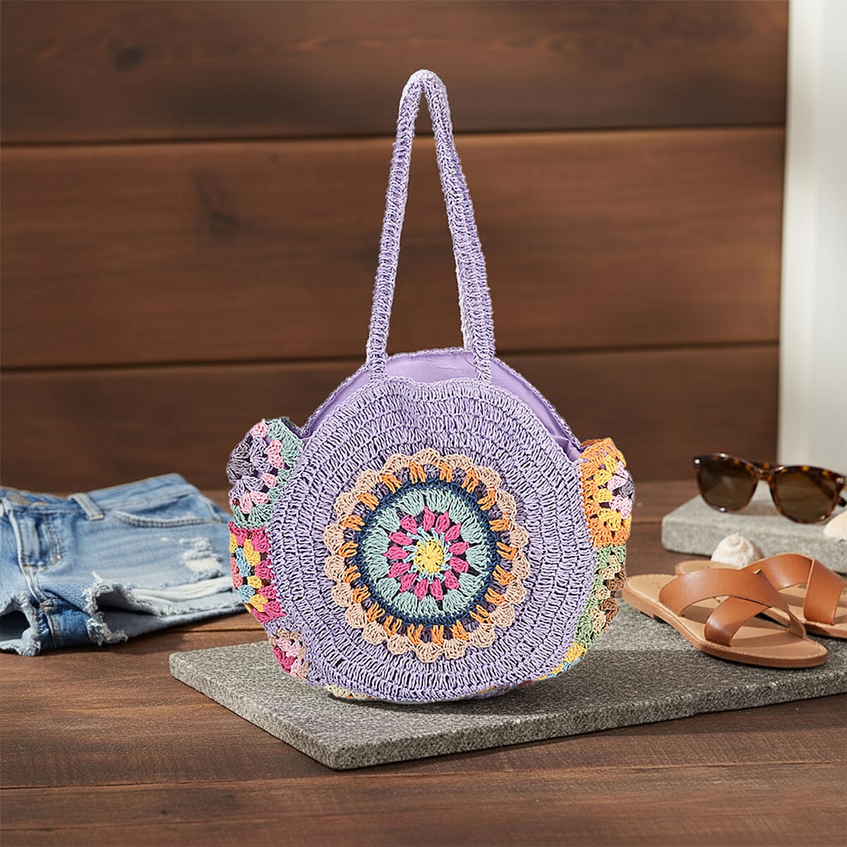 Purple Woven Bohemian Circle Pattern Paper Straw Tote Bag image number 1