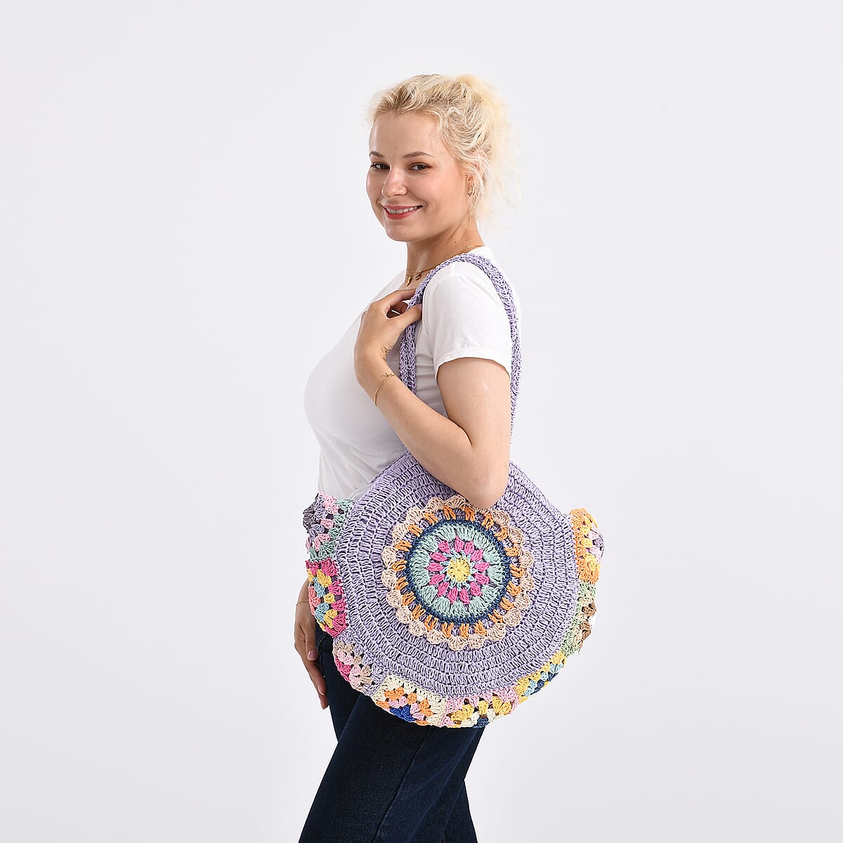 Purple Woven Bohemian Circle Pattern Paper Straw Tote Bag image number 2