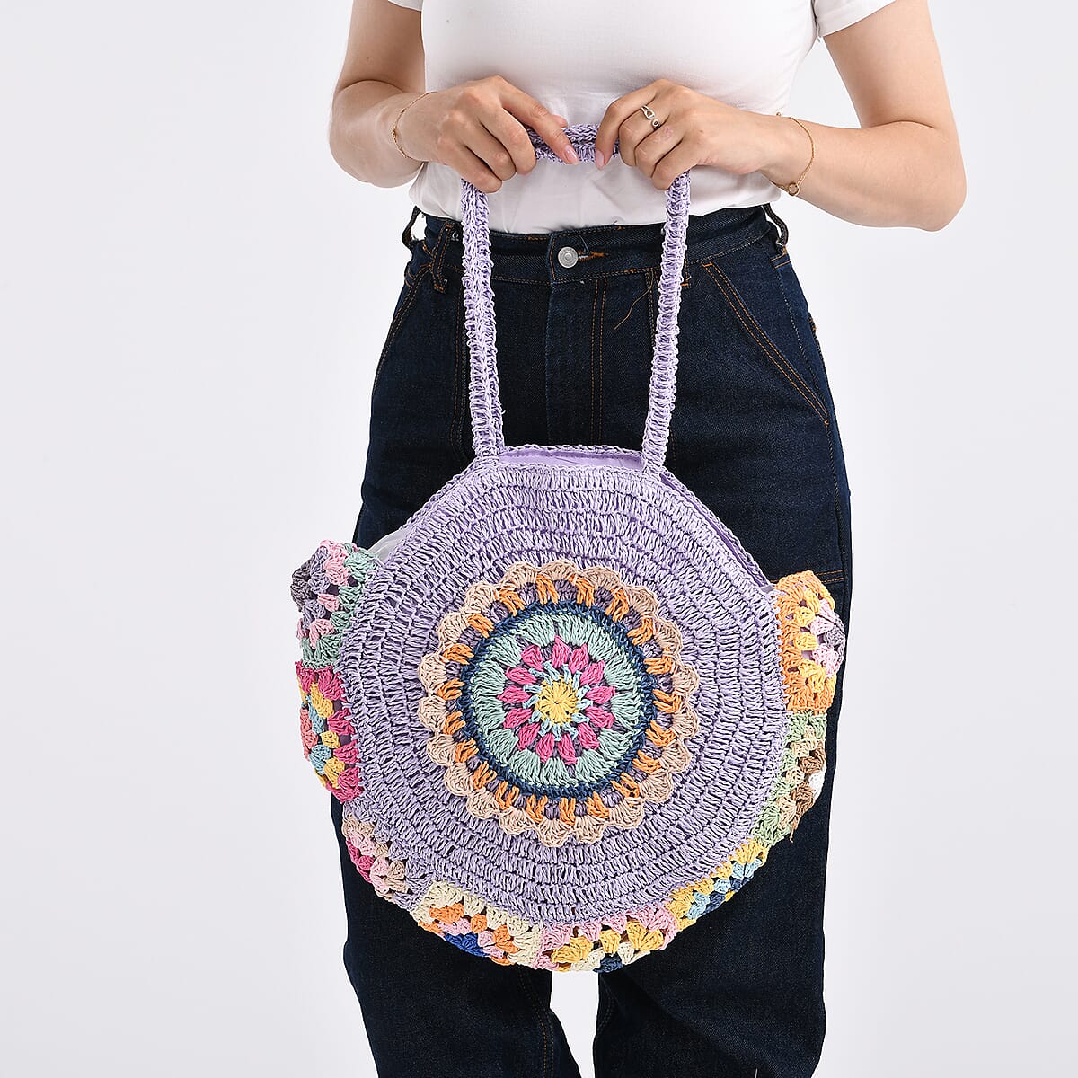 Purple Woven Bohemian Circle Pattern Paper Straw Tote Bag image number 3