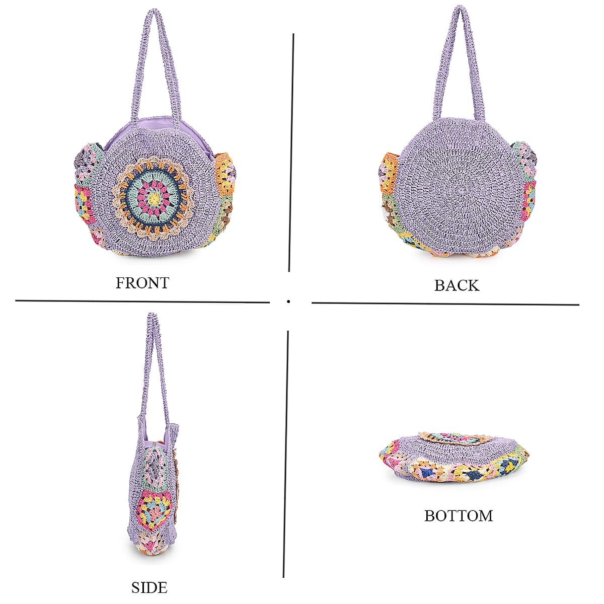 Purple Woven Bohemian Circle Pattern Paper Straw Tote Bag image number 4