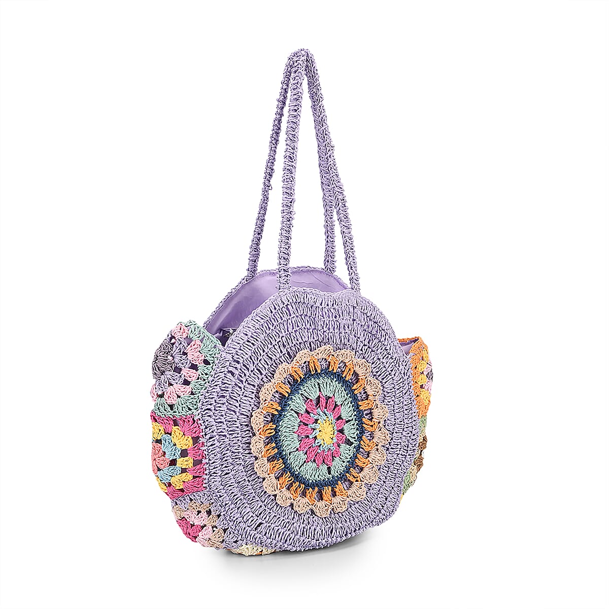 Purple Woven Bohemian Circle Pattern Paper Straw Tote Bag image number 7