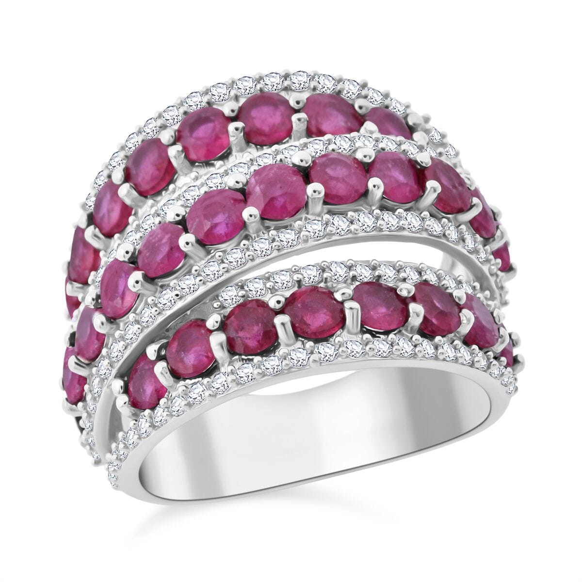 D'Joy Niassa Ruby (FF) and White Zircon 6.60 ctw Crossover Bridge Ring in Rhodium Over Sterling Silver (Size 10.0) image number 0