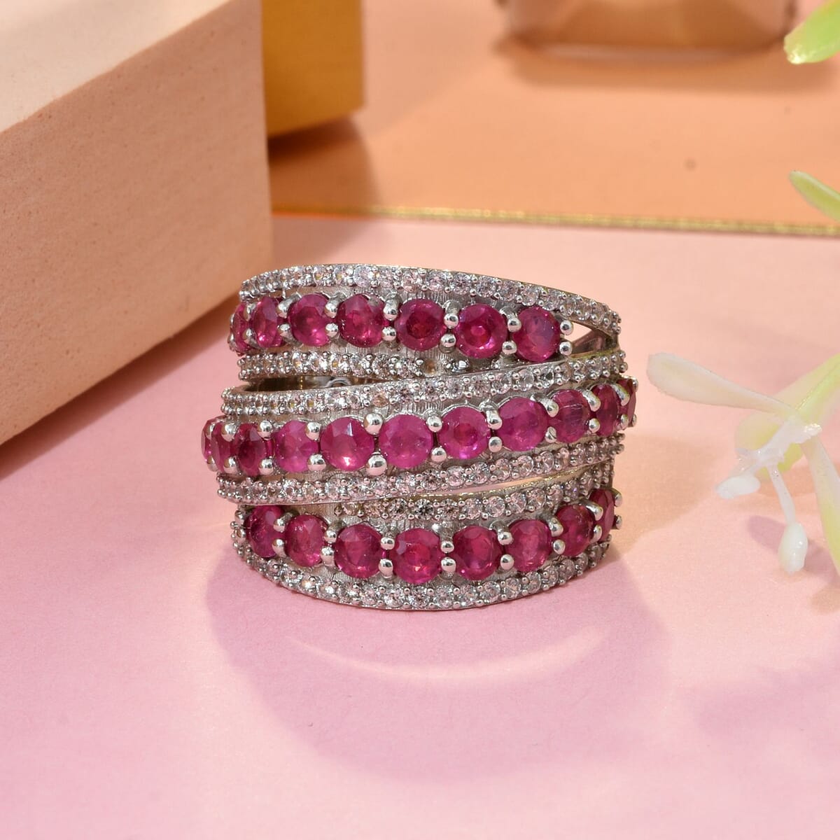 D'Joy Niassa Ruby (FF) and White Zircon 6.60 ctw Crossover Bridge Ring in Rhodium Over Sterling Silver (Size 10.0) image number 1