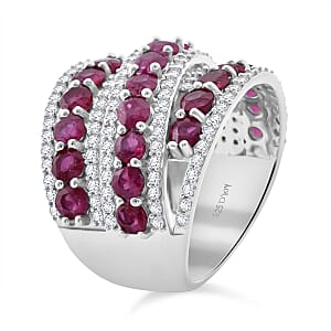D'Joy Niassa Ruby (FF) and White Zircon 6.60 ctw Crossover Bridge Ring in Rhodium Over Sterling Silver (Size 10.0)