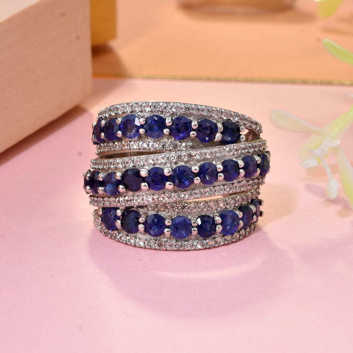 D'Joy Masoala Sapphire (D) and White Zircon 6.65 ctw Crossover Bridge Ring in Rhodium Over Sterling Silver (Size 10.0) image number 1