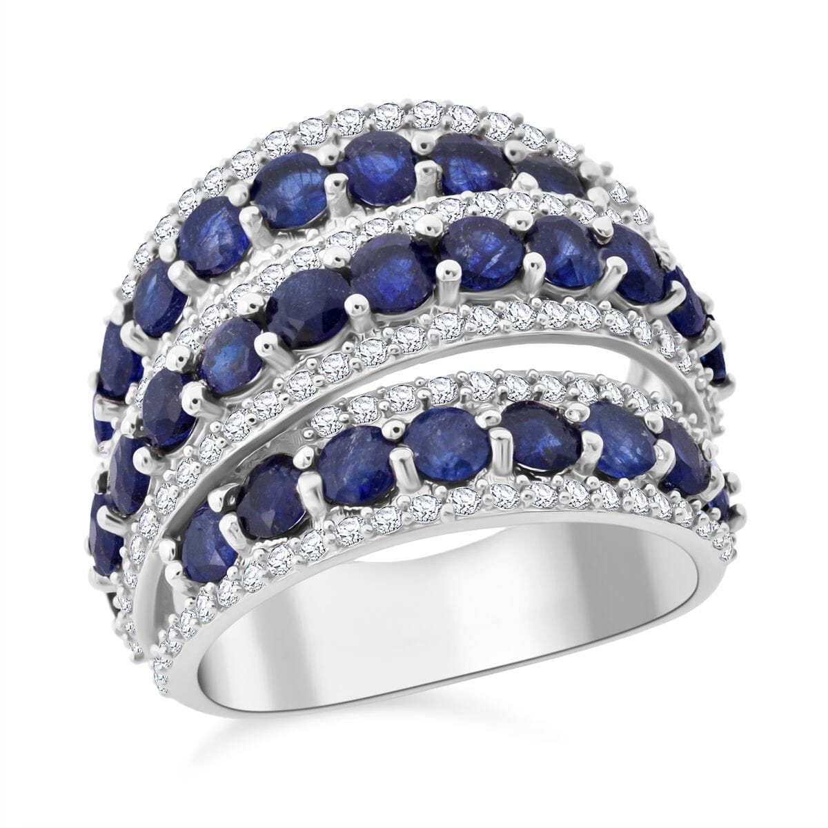 D'Joy Masoala Sapphire (D) and White Zircon 6.65 ctw Crossover Bridge Ring in Rhodium Over Sterling Silver (Size 7.0) image number 0