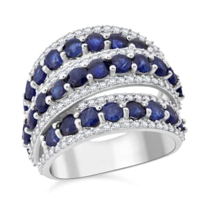 D'Joy Masoala Sapphire (D) and White Zircon 6.65 ctw Crossover Bridge Ring in Rhodium Over Sterling Silver (Size 7.0)