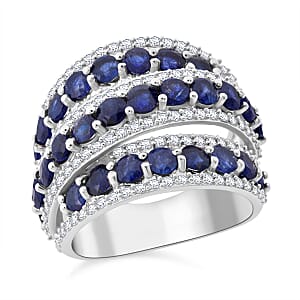 D'Joy Masoala Sapphire (D) and White Zircon 6.65 ctw Crossover Bridge Ring in Rhodium Over Sterling Silver (Size 8.0)