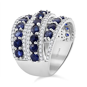 D'Joy Masoala Sapphire (D) and White Zircon 6.65 ctw Crossover Bridge Ring in Rhodium Over Sterling Silver (Size 9.0)