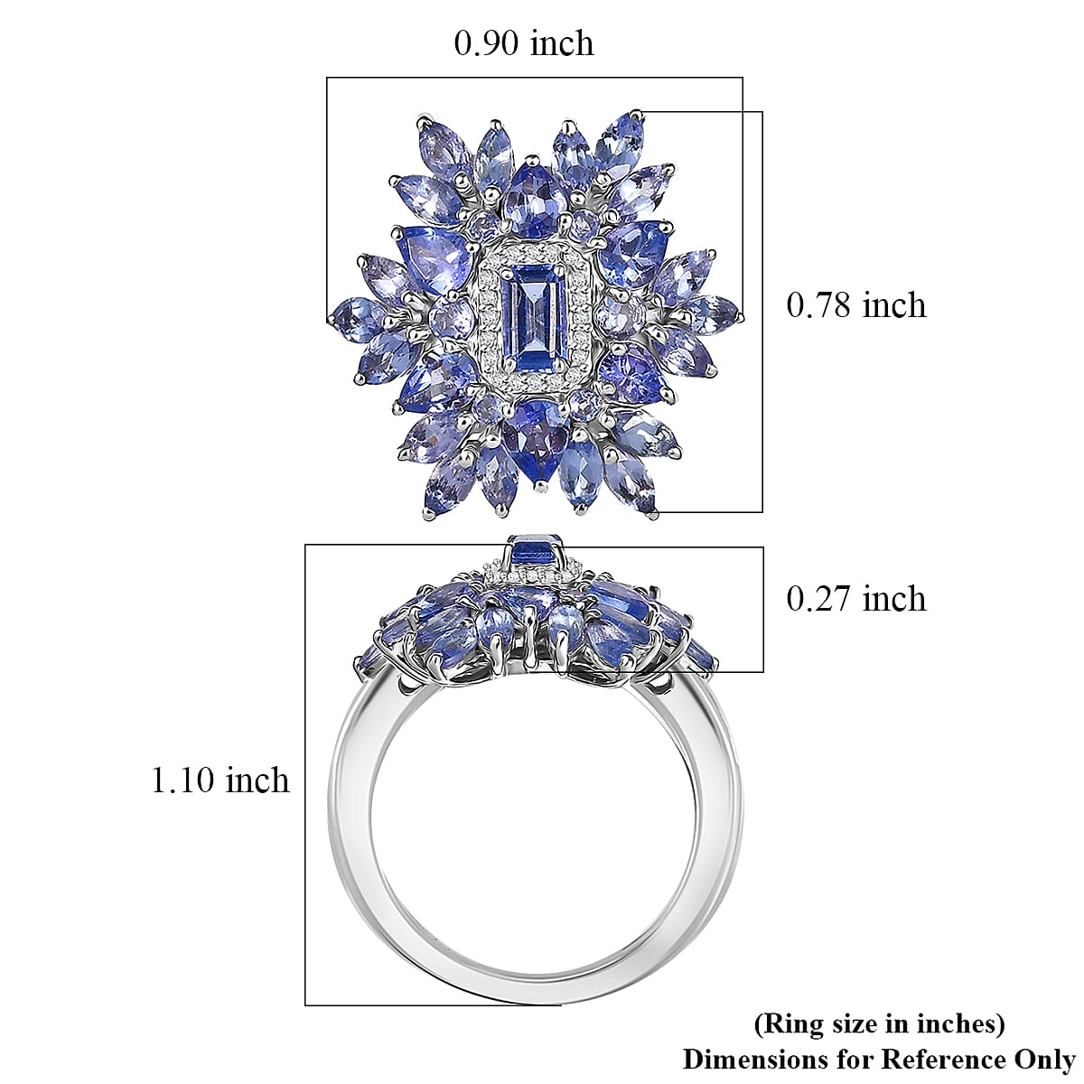 D'Joy Tanzanite and White Zircon 3.00 ctw Siberian Bugloss Floral Ring in Rhodium Over Sterling Silver (Size 10.0)