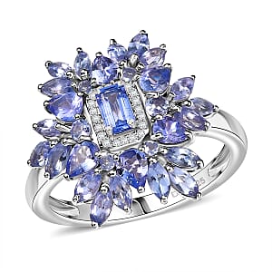 D'Joy Tanzanite and White Zircon 3.00 ctw Siberian Bugloss Floral Ring in Rhodium Over Sterling Silver (Size 6.0)