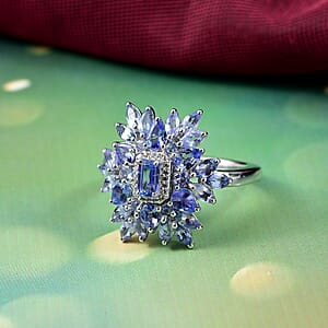 D'Joy Tanzanite and White Zircon 3.00 ctw Siberian Bugloss Floral Ring in Rhodium Over Sterling Silver (Size 6.0)
