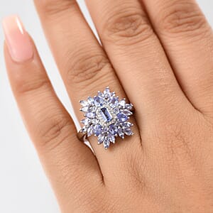 D'Joy Tanzanite and White Zircon 3.00 ctw Siberian Bugloss Floral Ring in Rhodium Over Sterling Silver (Size 6.0)