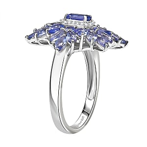 D'Joy Tanzanite and White Zircon 3.00 ctw Siberian Bugloss Floral Ring in Rhodium Over Sterling Silver (Size 6.0)