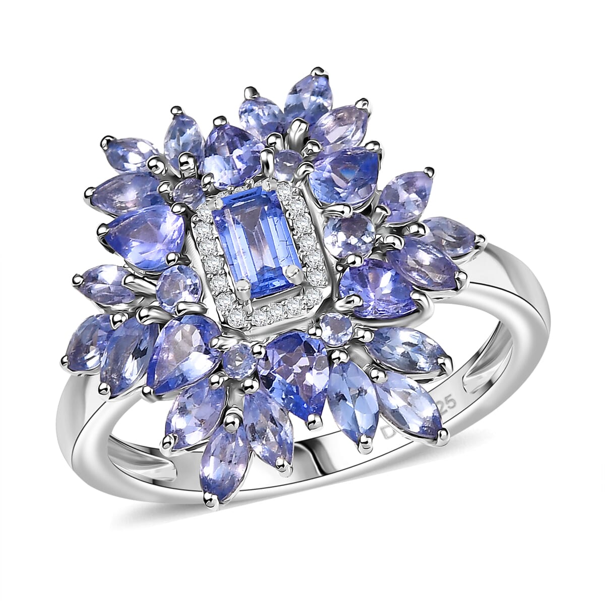 D'Joy Tanzanite and White Zircon 3.00 ctw Siberian Bugloss Floral Ring in Rhodium Over Sterling Silver (Size 7.0) image number 0