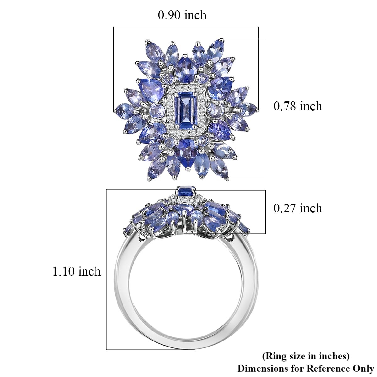 D'Joy Tanzanite and White Zircon 3.00 ctw Siberian Bugloss Floral Ring in Rhodium Over Sterling Silver (Size 7.0) image number 5