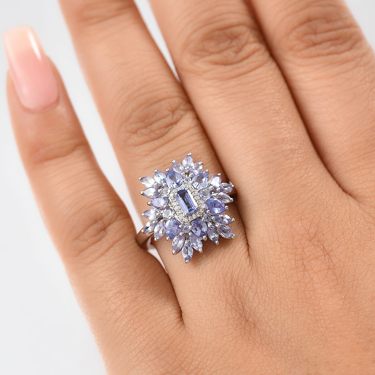 D'Joy Tanzanite and White Zircon 3.00 ctw Siberian Bugloss Floral Ring in Rhodium Over Sterling Silver (Size 8.0) image number 2
