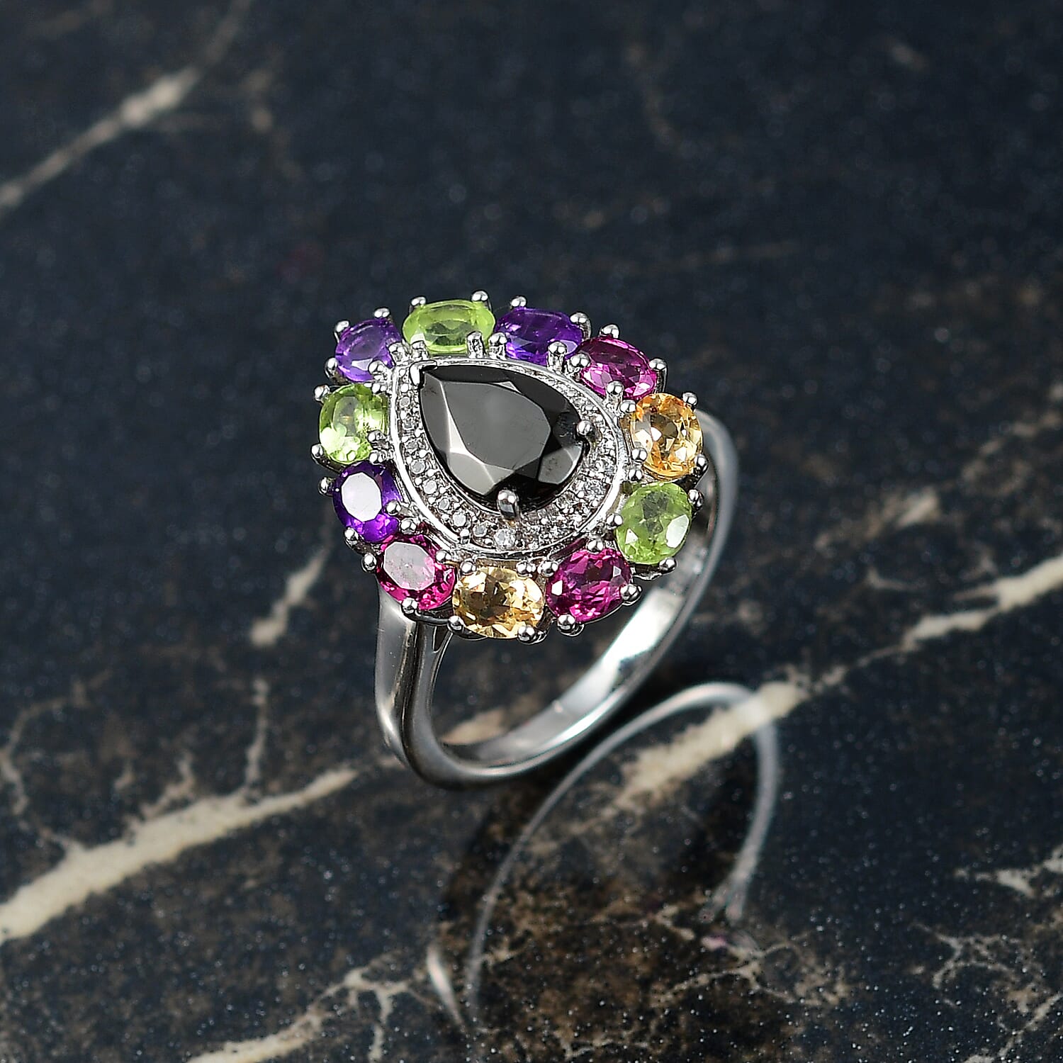 EverTrue Elite Shungite, Multi Gemstone Ring in Platinum Bond 2.90 ctw (Size 10.0)