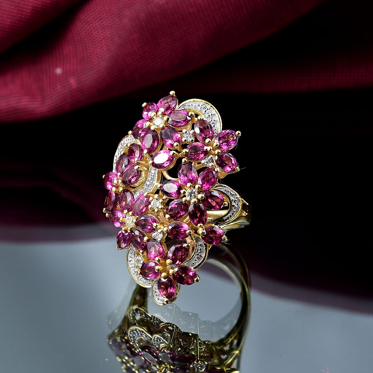 D'Joy Orissa Rhodolite Garnet and White Zircon 7.30 ctw Bunch of Flower Ring in 18K Vermeil Yellow Gold Over Sterling Silver (Size 6.0) image number 1