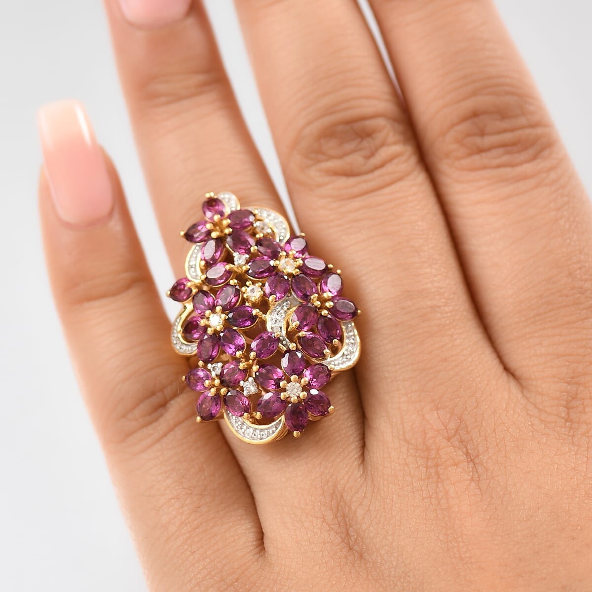 D'Joy Orissa Rhodolite Garnet and White Zircon 7.30 ctw Bunch of Flower Ring in 18K Vermeil Yellow Gold Over Sterling Silver (Size 6.0) image number 2