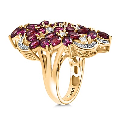 D'Joy Orissa Rhodolite Garnet and White Zircon 7.30 ctw Bunch of Flower Ring in 18K Vermeil Yellow Gold Over Sterling Silver (Size 6.0)