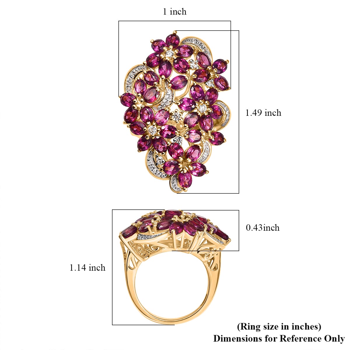 D'Joy Orissa Rhodolite Garnet and White Zircon 7.30 ctw Bunch of Flower Ring in 18K Vermeil Yellow Gold Over Sterling Silver (Size 6.0) image number 5