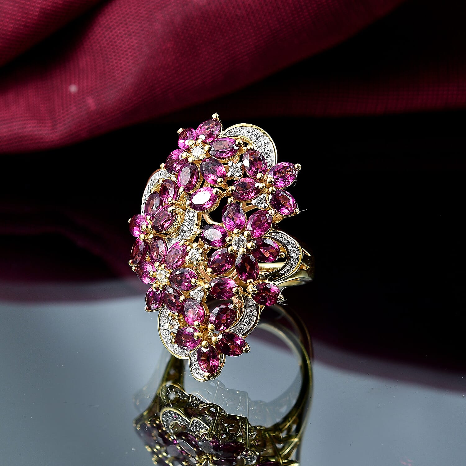 Orissa Rhodolite Garnet, White Zircon Ring in 18K Vermeil YG Over Sterling Silver (Size 10.0) 7.30 ctw