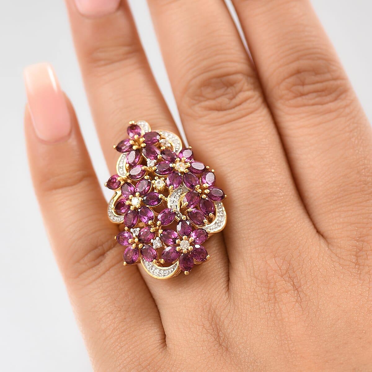 D'Joy Orissa Rhodolite Garnet and White Zircon 7.30 ctw Bunch of Flower Ring in 18K Vermeil Yellow Gold Over Sterling Silver (Size 8.0) image number 2