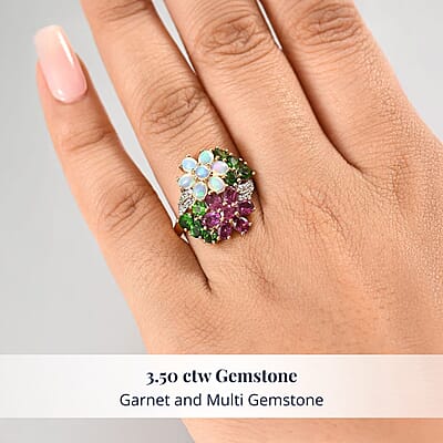 D'Joy Orissa Rhodolite Garnet and Multi Gemstone 3.50 ctw Plumeria Flower Ring in 18K Vermeil Yellow Gold Over Sterling Silver (Size 10.0)