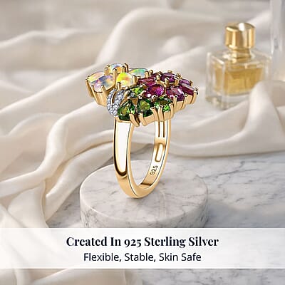 D'Joy Orissa Rhodolite Garnet and Multi Gemstone 3.50 ctw Plumeria Flower Ring in 18K Vermeil Yellow Gold Over Sterling Silver (Size 10.0)