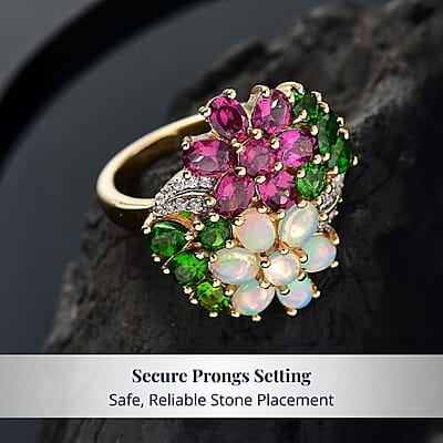 D'Joy Orissa Rhodolite Garnet and Multi Gemstone 3.50 ctw Plumeria Flower Ring in 18K Vermeil Yellow Gold Over Sterling Silver (Size 10.0)