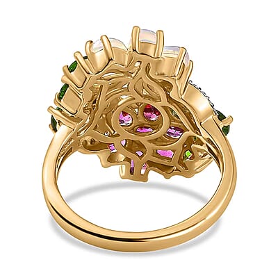 D'Joy Orissa Rhodolite Garnet and Multi Gemstone 3.50 ctw Plumeria Flower Ring in 18K Vermeil Yellow Gold Over Sterling Silver (Size 10.0)