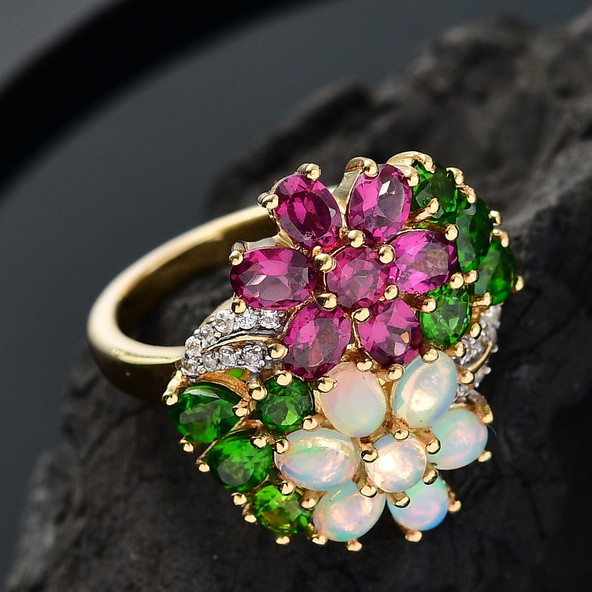 D'Joy Orissa Rhodolite Garnet and Multi Gemstone 3.50 ctw Plumeria Flower Ring in 18K Vermeil Yellow Gold Over Sterling Silver (Size 6.0) image number 1