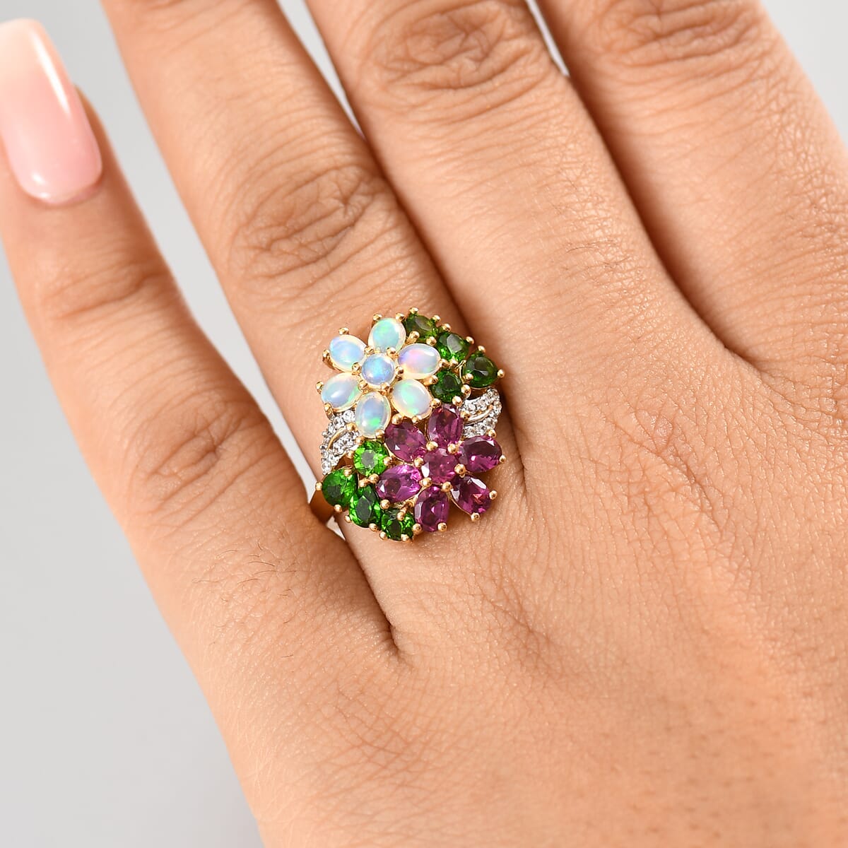 D'Joy Orissa Rhodolite Garnet and Multi Gemstone 3.50 ctw Plumeria Flower Ring in 18K Vermeil Yellow Gold Over Sterling Silver (Size 6.0) image number 2
