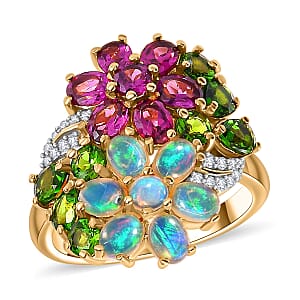 D'Joy Orissa Rhodolite Garnet and Multi Gemstone 3.50 ctw Plumeria Flower Ring in 18K Vermeil Yellow Gold Over Sterling Silver (Size 7.0)