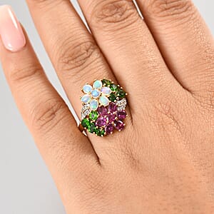 D'Joy Orissa Rhodolite Garnet and Multi Gemstone 3.50 ctw Plumeria Flower Ring in 18K Vermeil Yellow Gold Over Sterling Silver (Size 7.0)