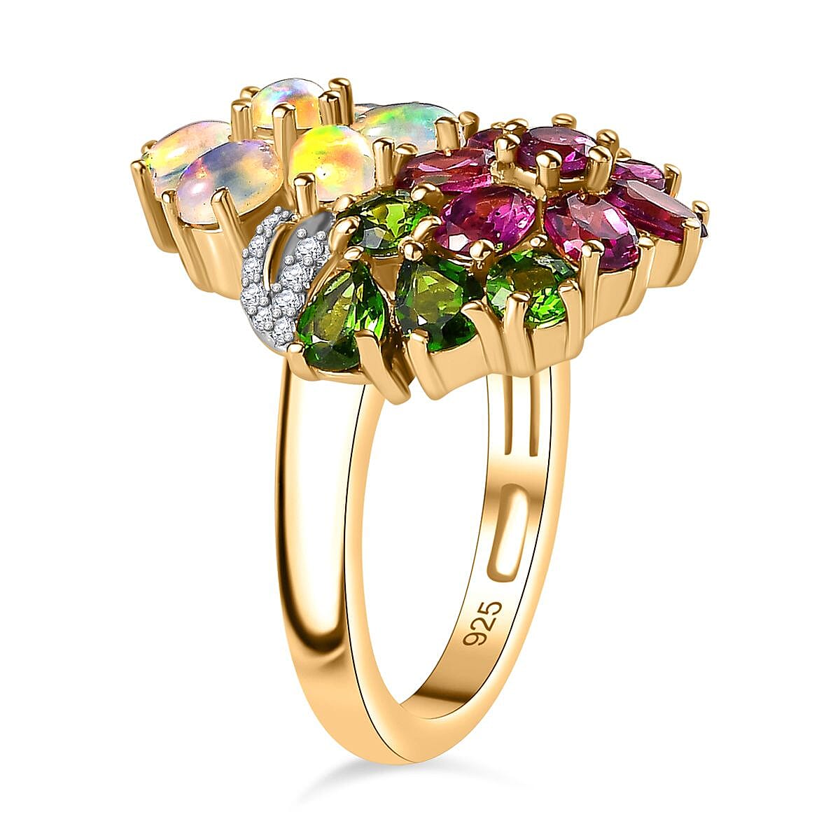 D'Joy Orissa Rhodolite Garnet and Multi Gemstone 3.50 ctw Plumeria Flower Ring in 18K Vermeil Yellow Gold Over Sterling Silver (Size 7.0) image number 3