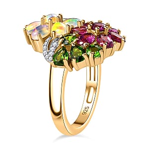 D'Joy Orissa Rhodolite Garnet and Multi Gemstone 3.50 ctw Plumeria Flower Ring in 18K Vermeil Yellow Gold Over Sterling Silver (Size 7.0)