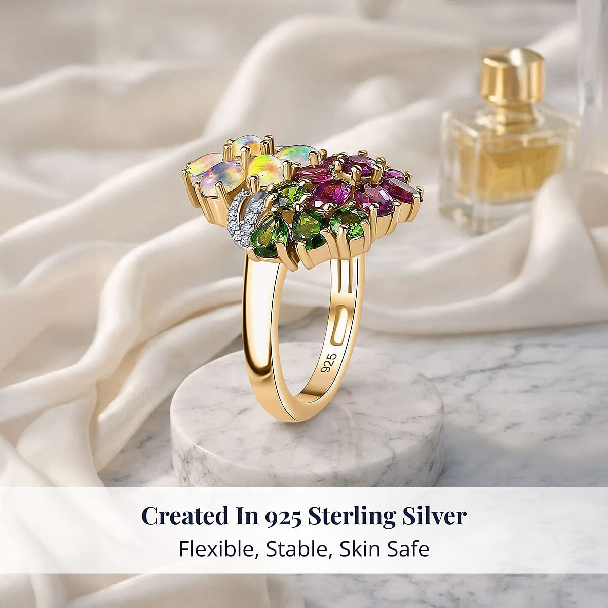 D'Joy Orissa Rhodolite Garnet and Multi Gemstone 3.50 ctw Plumeria Flower Ring in 18K Vermeil Yellow Gold Over Sterling Silver (Size 8.0) image number 2